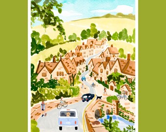 コッツウォルズの水彩画、風光明媚な村の風景（複数のサイズあり