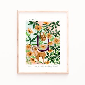 Monograma U Art Print, Impresiones del alfabeto, Arte alfabético de la pared, Decoración de guardería, Impresiones de guardería, Habitación para bebés, Habitación para niños, Impresiones de letras, Animales