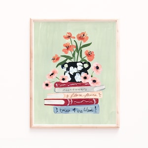 Floral Still Life Art Print: Books & Flowers on Sage Green