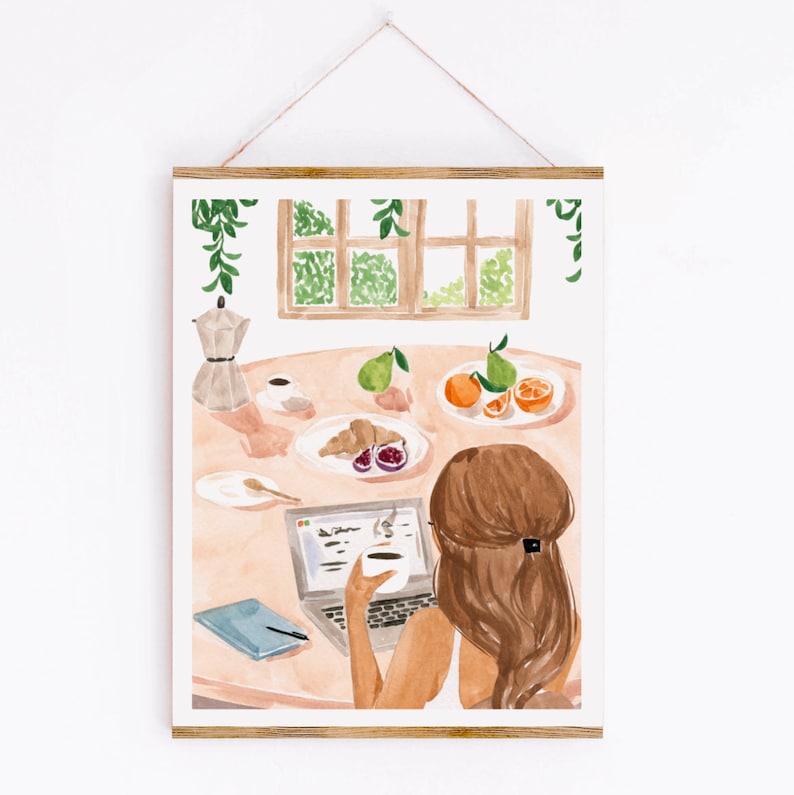 May include: A watercolor painting of a woman sitting at a table with a laptop, a cup of coffee, and a plate of fruit. The woman has long brown hair and is wearing a white shirt. The table is covered with a white tablecloth and there are green plants in the background.