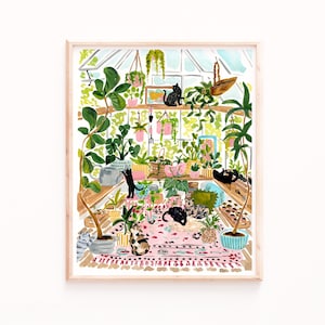 Gewächshaus Katzen Garten Art Print, Gartenarbeit Frühling Aquarell, Katze Poster, Friedliches botanisches Kunstwerk, Gartengeschenk für Sie