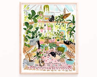 Greenhouse Cats Garden Art Print, Gardening Spring Watercolor, Cat Poster, Peaceful Botanical Artwork, Gardening Gift for Her