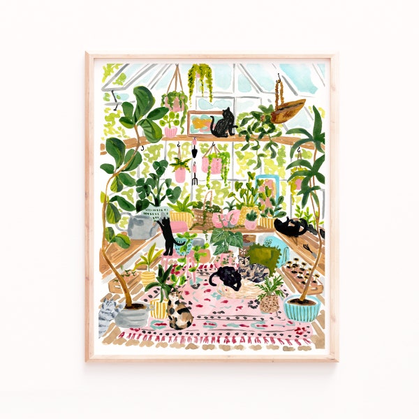 Impression d'art de jardin de chats de serre, aquarelle de jardinage printanière, affiche de chat, oeuvre d'art botanique paisible, cadeau de jardinage pour elle