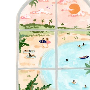 May include: A watercolor painting of a window view of a beach scene. The window is divided into four panes. The top pane shows a pink sky with palm trees and a sun. The middle pane shows a beach with people sunbathing and surfing. The bottom pane shows a blue ocean with people swimming.