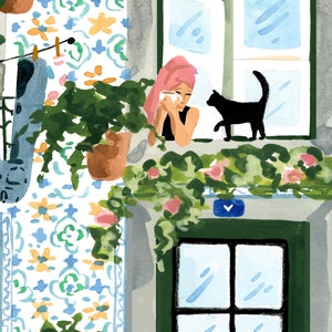 K&ouml;nnte beinhalten: Eine Frau mit rosa Haaren sitzt an einem Fenster, h&auml;lt eine Tasse und schaut nach drau&szlig;en. Eine schwarze Katze sitzt auf einem Sims unter dem Fenster. Das Fenster ist von einer wei&szlig;en Wand mit einem blauen und gr&uuml;nen Fliesenmuster eingerahmt. Auf dem Fenstersims stehen gr&uuml;ne Pflanzen in T&ouml;pfen.