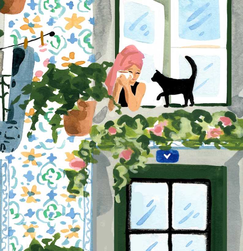 K&ouml;nnte beinhalten: Eine Frau mit rosa Haaren sitzt an einem Fenster, h&auml;lt eine Tasse und schaut nach drau&szlig;en. Eine schwarze Katze sitzt auf einem Sims unter dem Fenster. Das Fenster ist von einer wei&szlig;en Wand mit einem blauen und gr&uuml;nen Fliesenmuster eingerahmt. Auf dem Fenstersims stehen gr&uuml;ne Pflanzen in T&ouml;pfen.