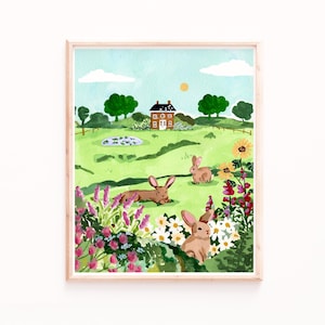 May include: A watercolor painting of a green field with a small red brick house, a pond, and three brown rabbits. The field is surrounded by a variety of flowers in shades of pink, purple, and yellow.