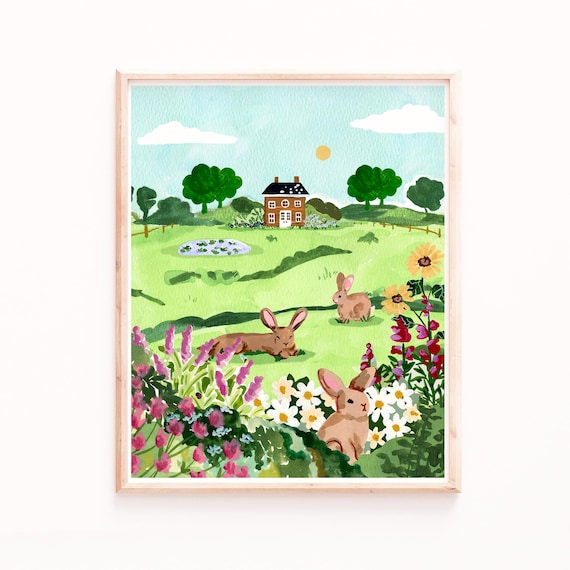 Playful Rabbit Art Print - Bright Farmhouse Nursery Decor