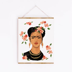 May include: A digital illustration of a woman with dark hair and a flower crown. She is wearing a black top and has a dark eyebrow and a small mustache. The background is white with pink flowers.