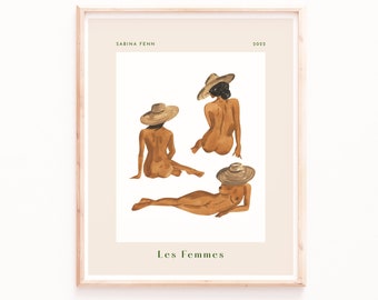 Les Femmes Poster Print, Figur Studien Kunstdruck, Akt Portrait Aquarell, Feminine minimalistische Boho Malerei, Sabina Fenn Illustration