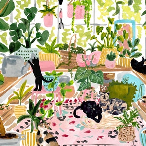 Greenhouse Cats Garden Art Print, Gardening Spring Watercolor, Cat Poster, Peaceful Botanical Artwork, Gardening Gift for Her image 3