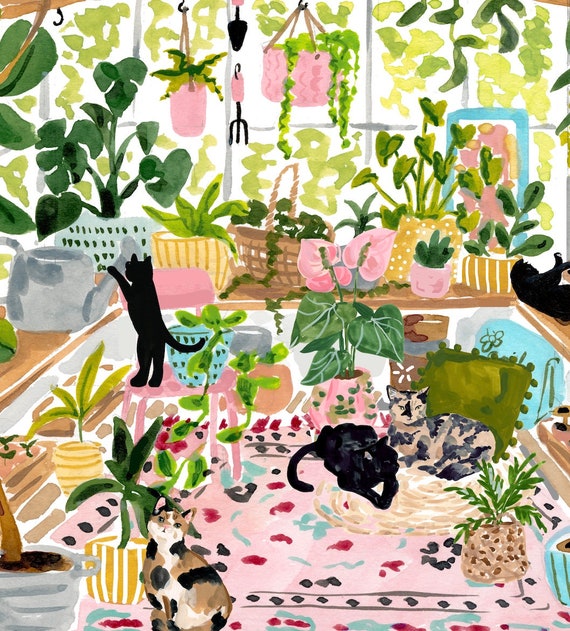 Katzen-Wandbild, botanische Zimmerpflanzen-Deko, Aquarell fürs Gewächshaus, Geschenk für Pflanzenliebhaber, Kunst für gemütliche Leseecken, verspielte Katzenillustration