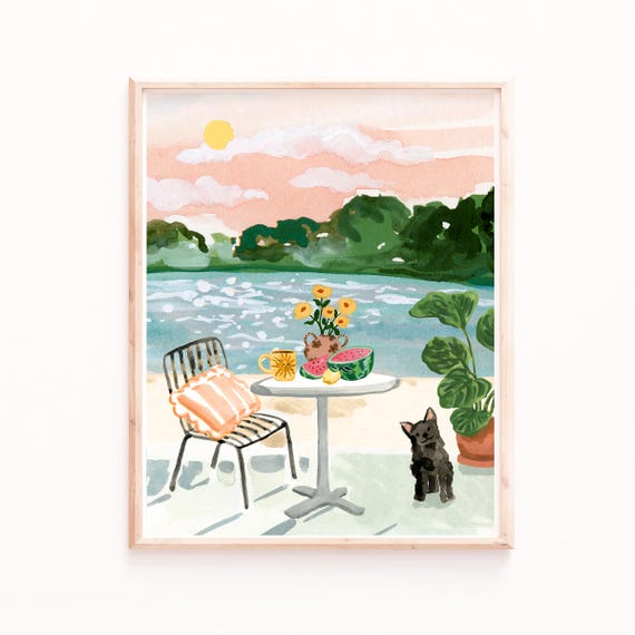 Beach Sunset Art Print: Tropical Scene with Coffee, Watermelon & Dog