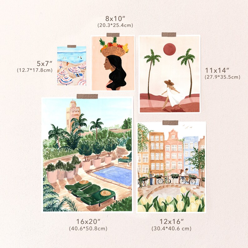 May include: A collection of five art prints, each affixed with tape to a neutral wall. The prints depict various scenes, including beach umbrellas, a woman with a fruit basket, a figure walking near palm trees, a rooftop pool, and a canal scene. Sizes range from 5x7 inches to 16x20 inches.