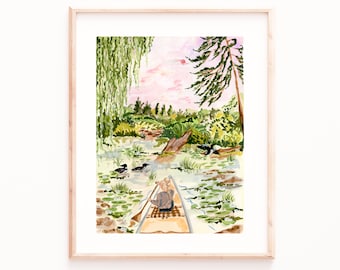 Canoeing on the Pond print, Landscape Wall Art, Canadiana Art, Loons and Canoe Girl, Lilypads, pine trees