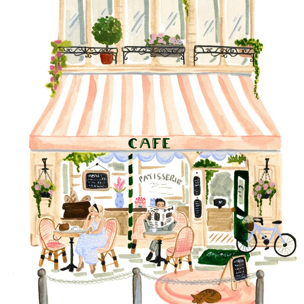 Instant Download Print, Paris Art Print, Parisian Scene Illustration, People and Bicycles, Buildings, Cafe, Eiffel Tower, Watercolor