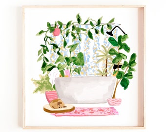 Botanical Watercolor Art Print, Woman and Dog (Bathroom Decor)