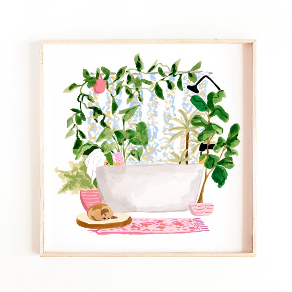 Plant Bath Art Print, Bathroom Decor, Botanical Prints, Powder Room Wall Art, Bath Time Painting Watercolor