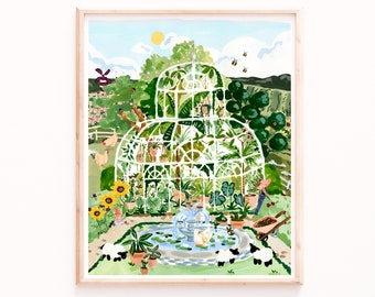 Greenhouse Garden Art Print, Gardening Spring Watercolor, Nursery Wall Art, Botanical Animals Artwork, Newborn Gifts, Baby Shower Gift