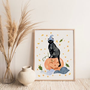 Lámina artística de gato bruja negro: Ilustración de Halloween en papel mate