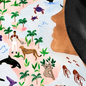 May include: A watercolor illustration of a woman's face with a tropical island scene behind her. The island features palm trees, a cheetah, a koala, a whale, and a man watering plants.