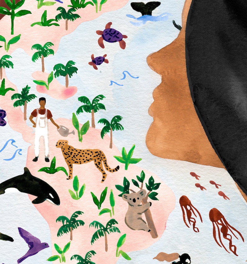 May include: A watercolor illustration of a woman's face with a tropical island scene behind her. The island features palm trees, a cheetah, a koala, a whale, and a man watering plants.