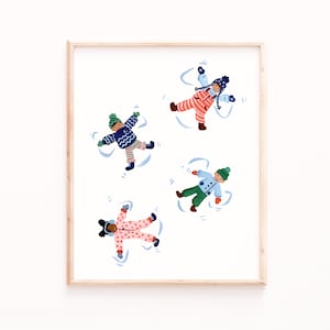Snow Angels Watercolor Art Print: Kids Room Holiday Decor