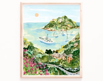 Portofino Art Print, Tropical Ocean Illustration, Lush Watercolor Painting, Travel Prints, Seaside Wall Art, Bedroom Art, Porto