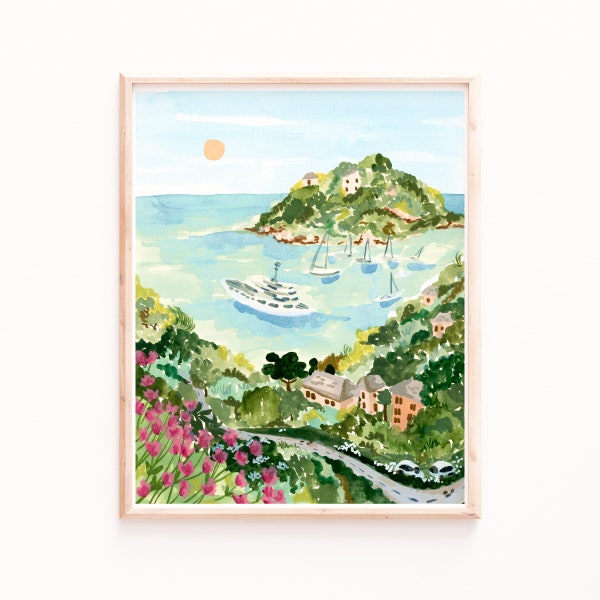 Portofino Art Print, Tropical Ocean Illustration, Lush Watercolor Painting, Travel Prints, Seaside Wall Art, Bedroom Art, Porto