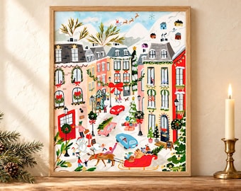 Christmas Village Wall Art Print, Santa Sleigh and Snowy Houses, Colourful Holiday Decor