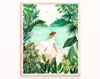 Seaside Watercolor Print: Tropical Girl on Beach (Archival Fine Art Paper)