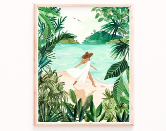 Seaside Beach Girl Print, Tropical Ocean Botanical Illustration, Lush Watercolor Painting, Landscape, Seaside Wall Art, Bathroom Art