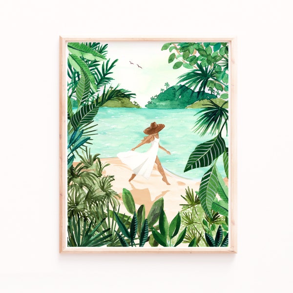 Impression fille bord de mer plage, illustration botanique de l'océan tropical, aquarelle luxuriante, paysage, art mural bord de mer, art de la salle de bain