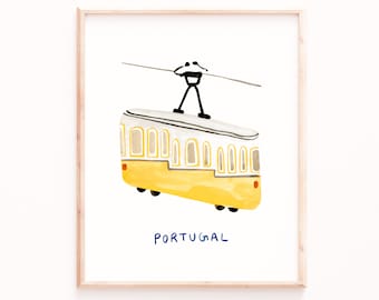 Portugal Watercolor Print, Lisbon Tram, Summer Vibes