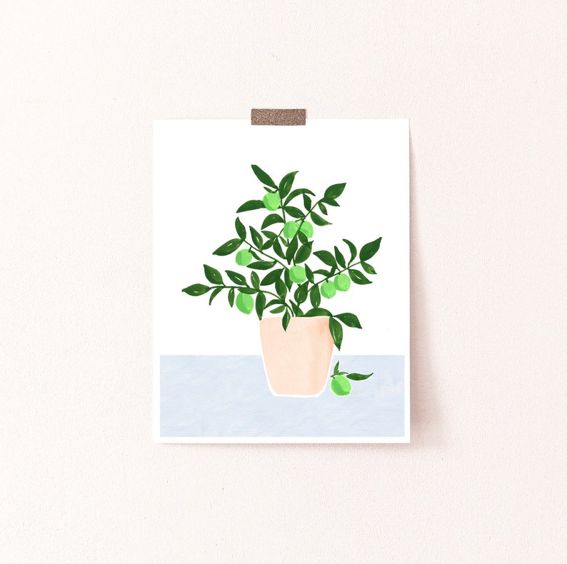 May include: A digital illustration of a potted plant with green leaves and small green fruit. The plant is in a light peach colored pot and is sitting on a light blue surface.