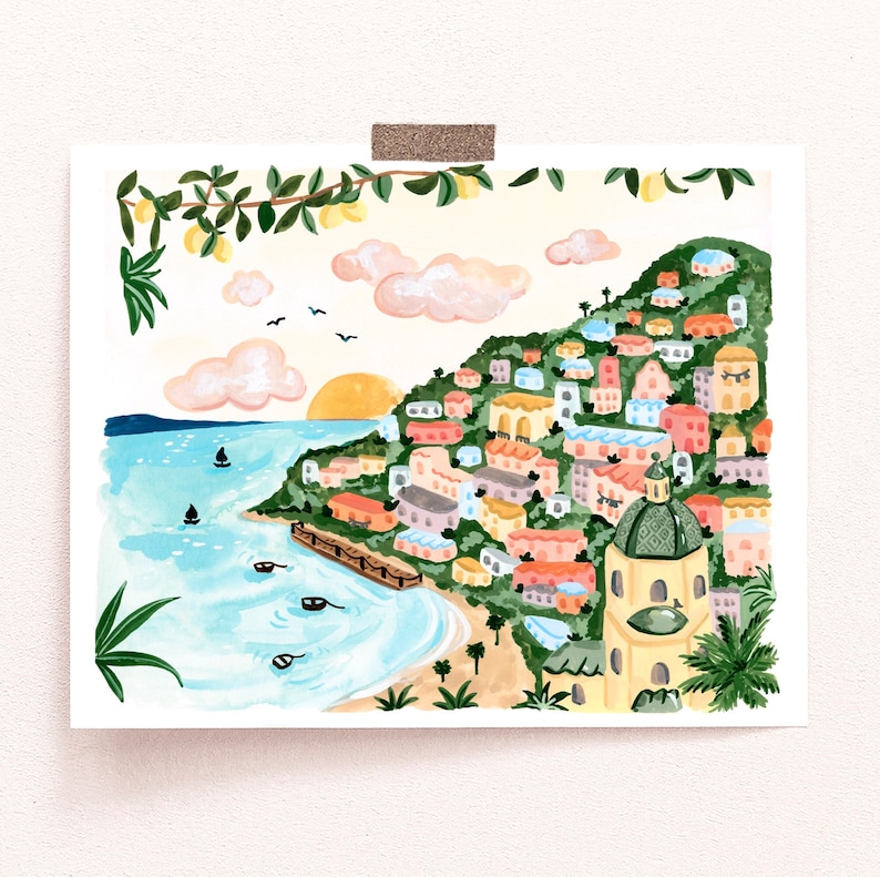 Positano Art Print: Amalfi Coast Scene - Hand Painted Gouache image 3