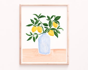 Impression de citrons, Peinture à l’aquarelle de fruits et de plantes, Art mural de cuisine, Illustration de citron, Décoration de cuisine, Impression de fruits de citronnier de jardin
