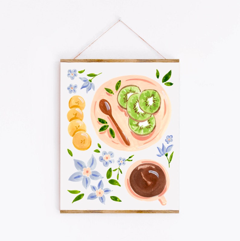 Kiwis and Coffee Art Print, Fruit and Flowers Bananas Gouache Painting, Perfect for kitchen dining room, Sabina Fenn Illustration image 1