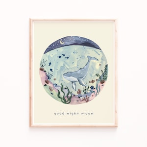 Impresión de arte de pared para guardería, impresiones del océano, buenas noches luna, pintura submarina, arte de pared de animales, impresión de ballenas,