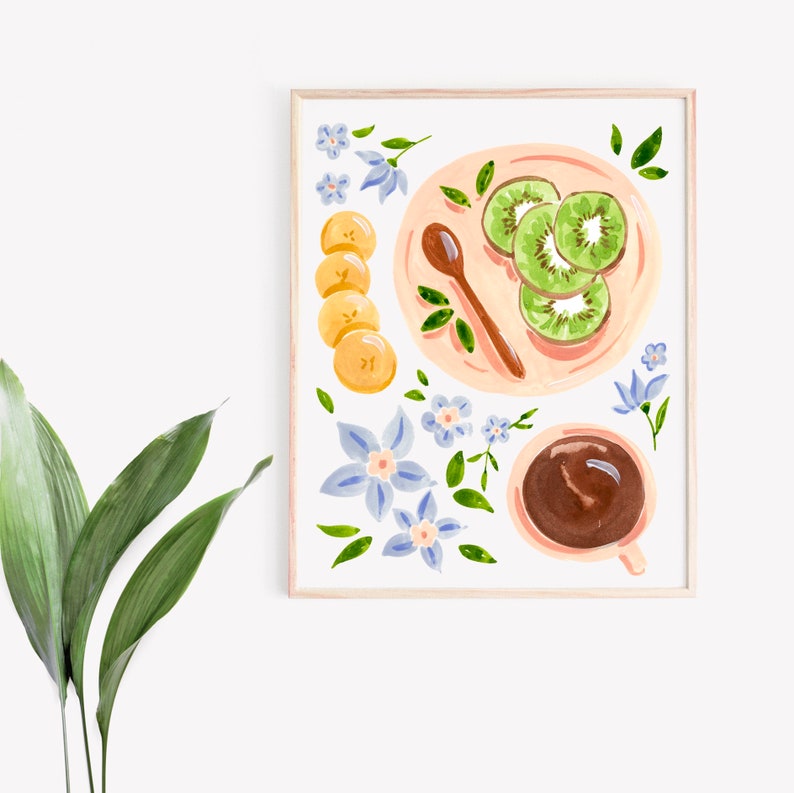 Kiwis and Coffee Art Print, Fruit and Flowers Bananas Gouache Painting, Perfect for kitchen dining room, Sabina Fenn Illustration image 3