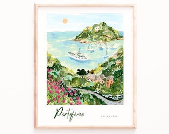 Portofino Art Print, Tropical Ocean Illustration, Lush Watercolor Painting, Travel Prints, Seaside Wall Art, Bedroom Art, Porto