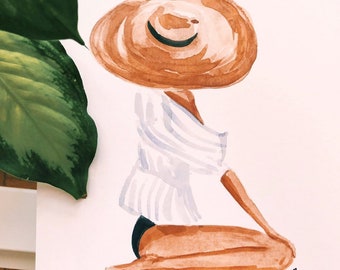 Impression de téléchargement immédiat, Illustration de Celia, Sabina Fenn, peinture à l'aquarelle de mode de plage, fille d'été de chapeau de soleil, art mural minimal élégant