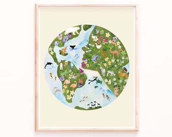 Earth Art Print, Animal Wall Art, Planet Print, Botanical Wall Art, Earth Day Art, Painting Wall Decor, Nursery Art, Bedroom Wall Art