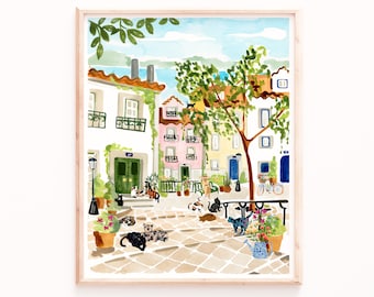 Lisbon Travel Art Print, Orange Rooftops, Ocean View