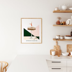May include: A digital illustration of an espresso martini cocktail with a woman doing a handstand in the drink. The background is a green and pink geometric design with the text "Espresso Martini" at the bottom.