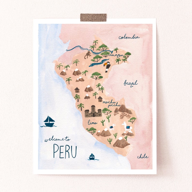 Peru Karte Kunstdruck Sabina Fenn Illustration tropischen Wand Dekor Aquarell und Gouache Malerei peruanische geographische Kunstwerk Bild 2