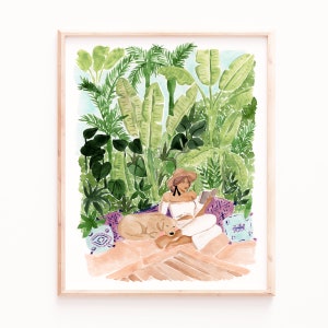 Tropical Art Print: Boho Woman Reading with Dog, Gouache Painting