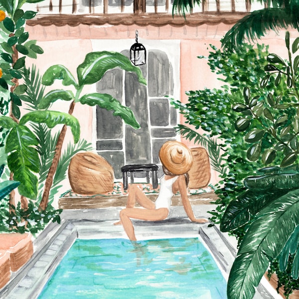 Lámina artística de Marruecos tropical - Pintura a la acuarela, estilo boho