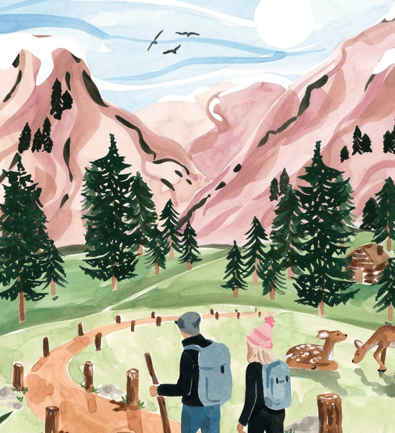 Hiking in the Mountains Art Print Watercolor Wall Art Forest - Etsy