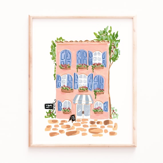 Paris Cafe Art Print, Pink Watercolor Building